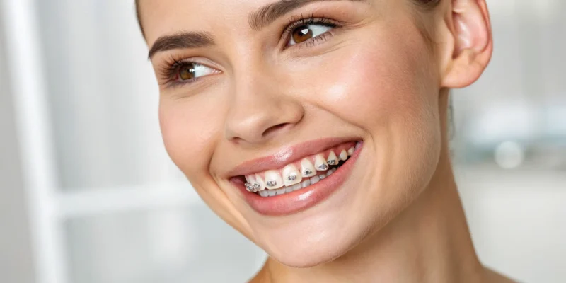 A woman's confident smile with metal braces during her teeth straightening journey.