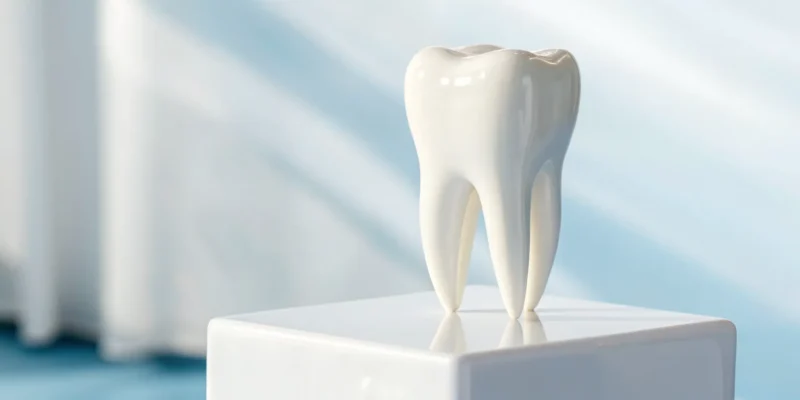 Model of a tooth after a root canal prepared for a permanent dental crown.