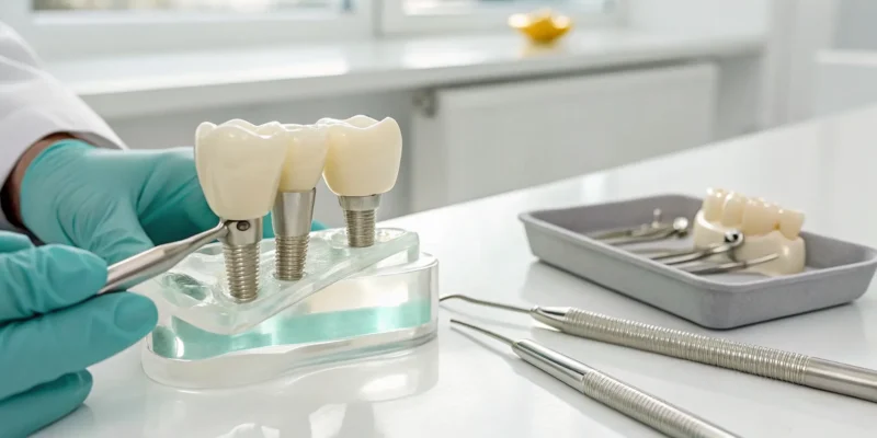 Model of dental implants showing the implant screw, abutment, and crown.