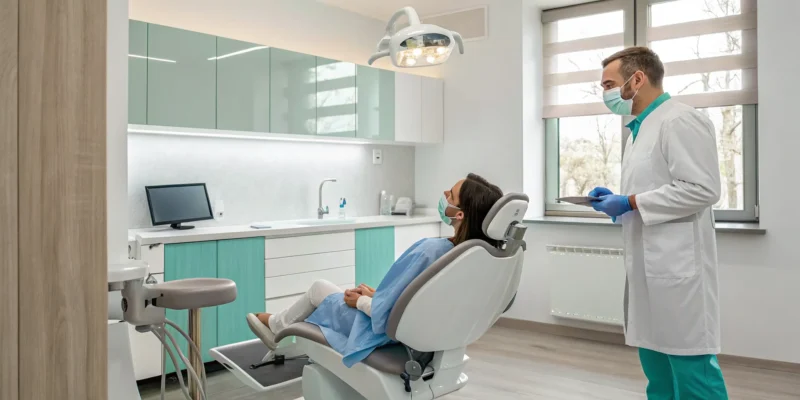 Dentist discussing treatment options with a patient in a modern dental office.