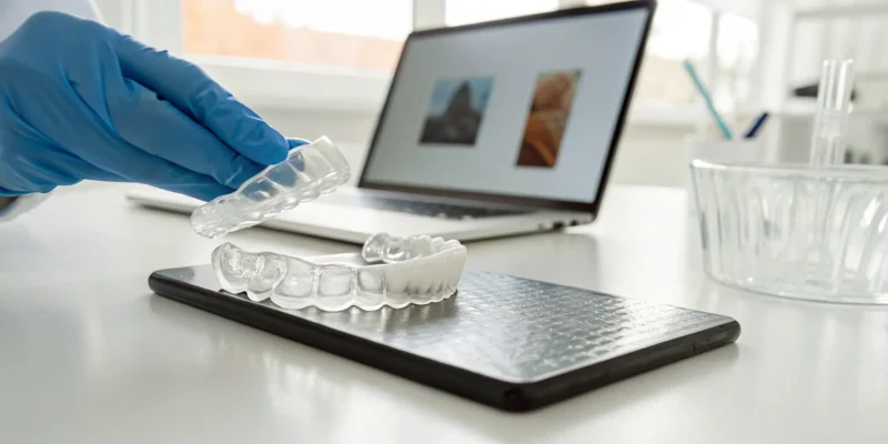 Invisalign clear aligners on a tray as a doctor reviews a treatment plan on the dr site.