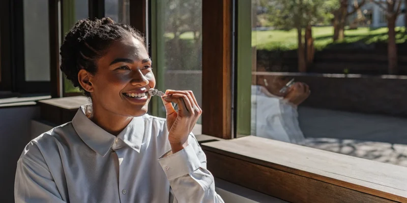 San Diego adult smiling confidently with clear aligners