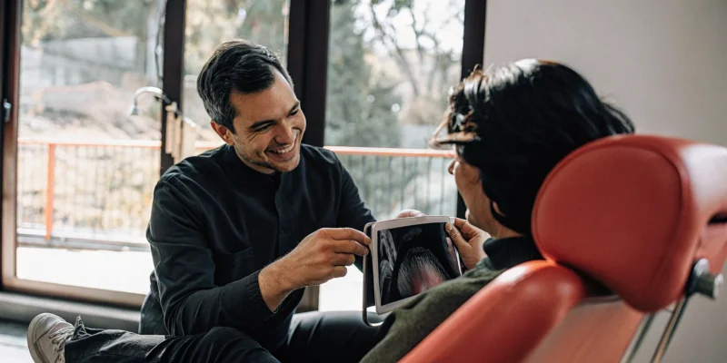 Dentist reviewing a dental implant consultation San Diego treatment plan with a patient