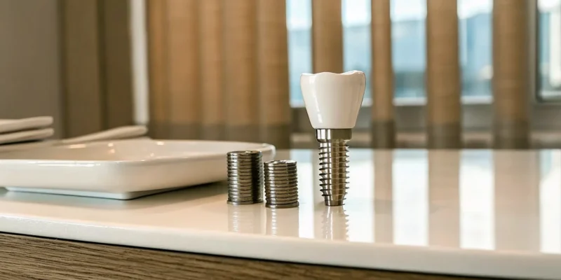 A model of a single tooth dental implant with coins showing the cost.