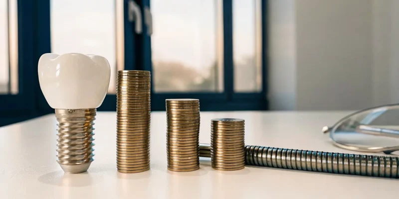 Dental implant model with coins to show how much dental implants cost.