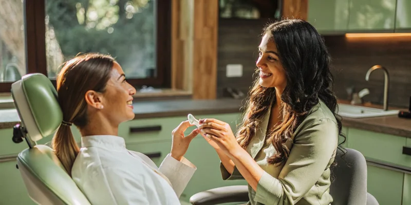 Dentist discussing a clear aligner with a patient