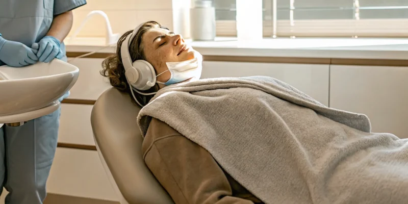 Patient with headphones and a blanket relaxing during a sedation dentistry appointment.