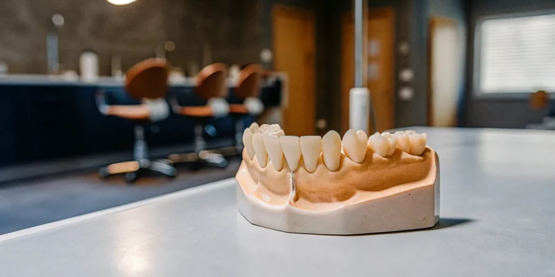 Dental bridge restoration on a sterile surface in a modern San Diego dental office