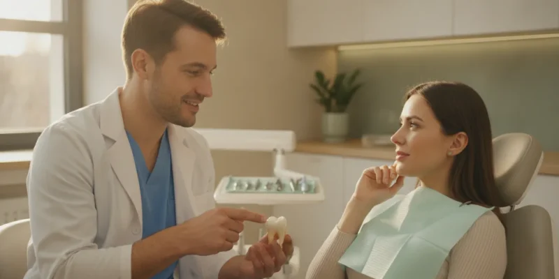 Dentist explaining tooth-saving root canal treatment to a patient
