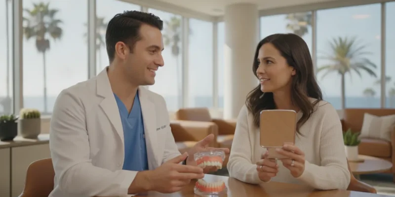 Dentist discussing whether veneers are permanent with a San Diego patient