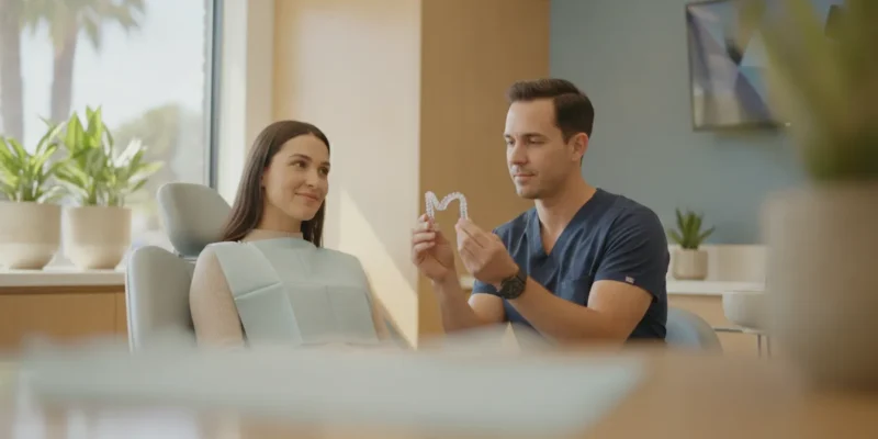 Dentist discussing clear aligners for overbite treatment with a patient
