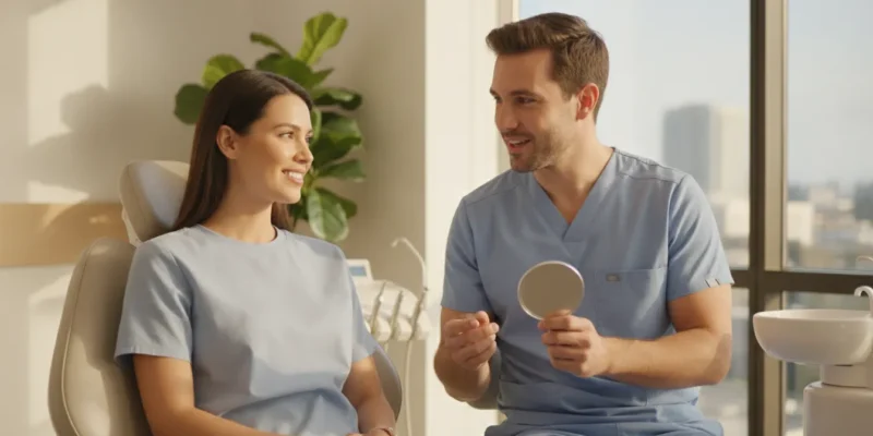 Reassuring dental implant consultation with a smiling patient in a bright modern San Diego dental office