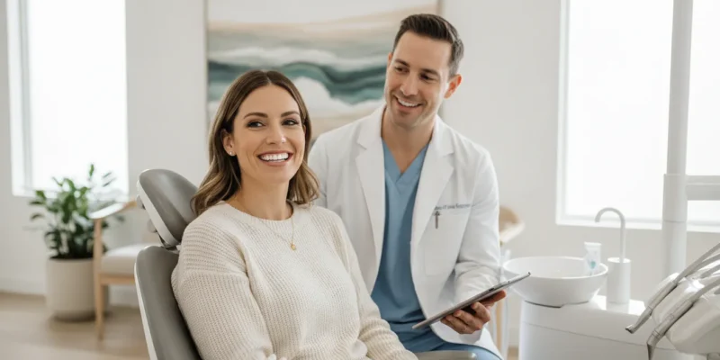Confident woman smiling during a cosmetic dentistry consultation in a bright San Diego dental office