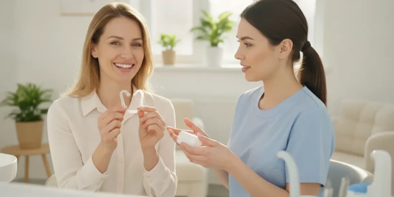 Adult patient holding clear Invisalign aligners during a consultation at Marcos Ortega DDS