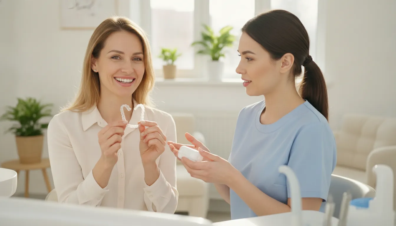 Clear Invisalign aligner beside an adult patient in a San Diego dental office