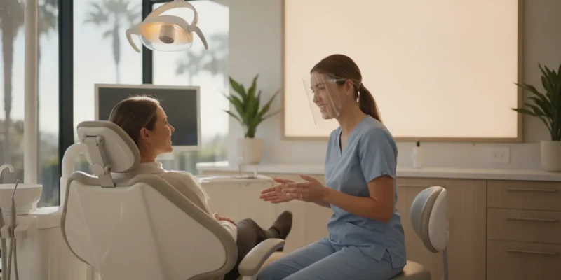 A relaxed patient smiling in a modern San Diego dental chair during a consultation with a dentist