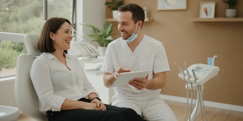 A dental patient smiling during a professional teeth whitening consultation with a dentist in a bright San Diego office