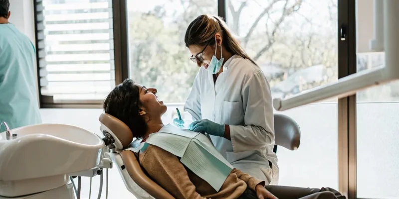 Patient relaxing comfortably during sedation dentistry in a modern dental office with caring dental team nearby