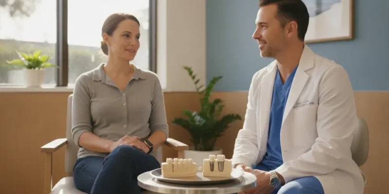 San Diego dentist discussing a dental bridge and implant with a patient