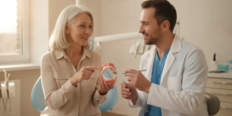 Dentist and adult patient discussing denture stomatitis care in San Diego