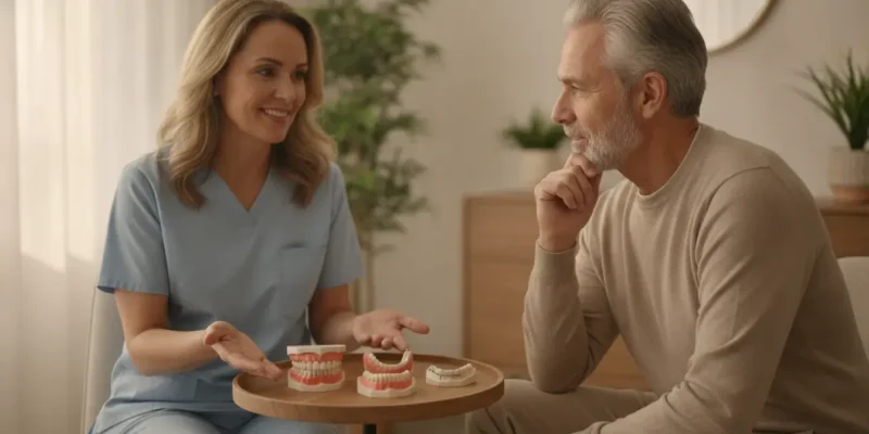 Dentist discussing dentures cost and treatment options with a San Diego patient