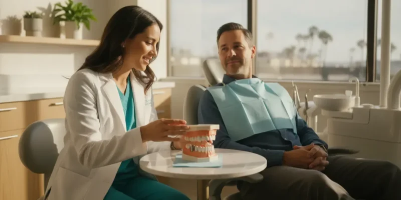 Dentist explaining a dental implant comfort plan to a relaxed patient in San Diego