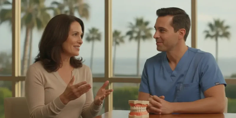 Patient discussing full dental implants cost with a San Diego dentist
