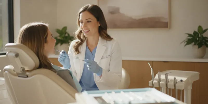Dentist examining a dental filling during a calm San Diego patient visit
