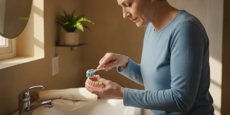 Adult gently cleaning a removable denture over a folded towel