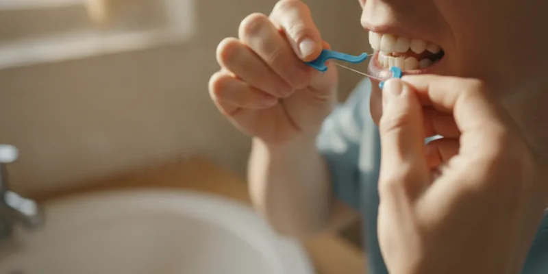 Adult using a floss threader to clean beneath a fixed dental bridge