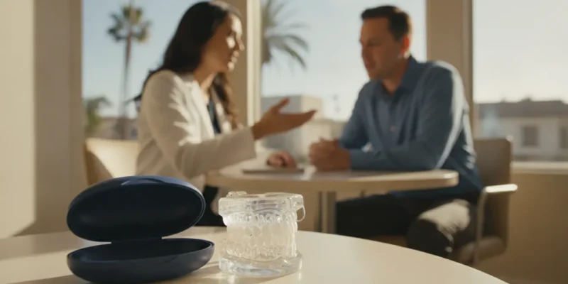 Dentist discussing a custom dental night guard with a patient