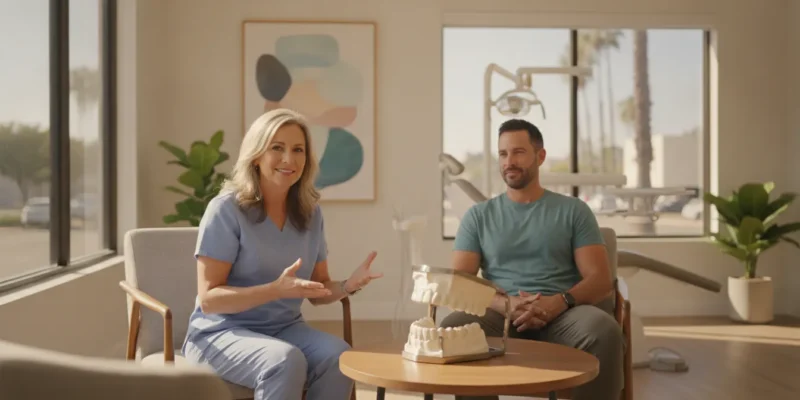 San Diego dentist explaining comfortable care to a patient