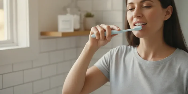 Adult gently brushing teeth before using whitening strips