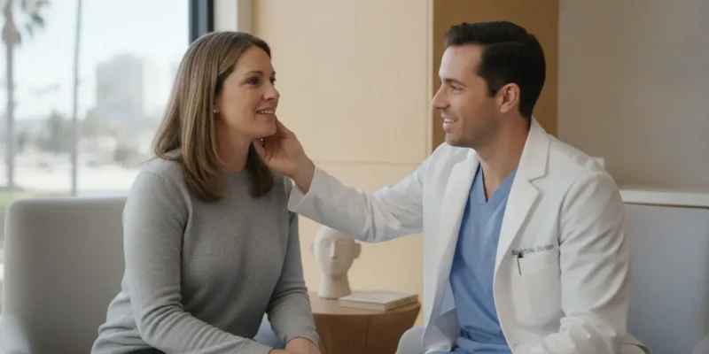 Dentist discussing a TMJ evaluation with a patient in San Diego