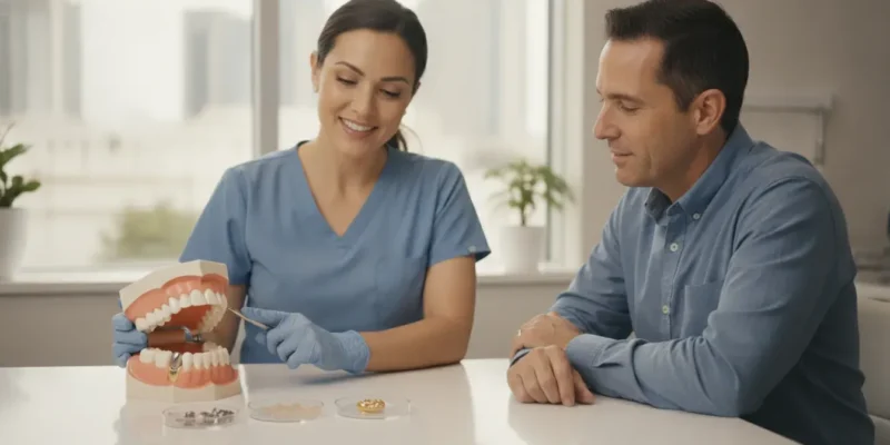 Dentist and patient reviewing different dental filling materials