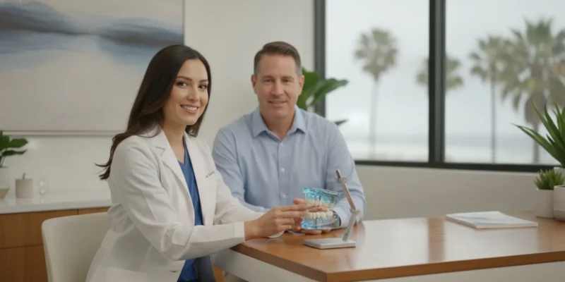 Dentist discussing a dental implant treatment plan with a patient in a modern dental office