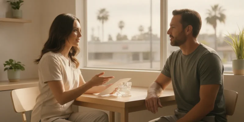 Patient reviewing a dental implant bone graft care plan with a dentist