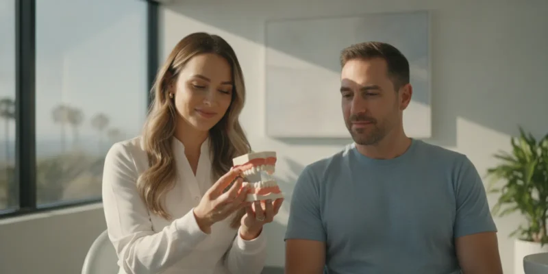 A dentist explaining a dental bridge model to a patient during a consultation