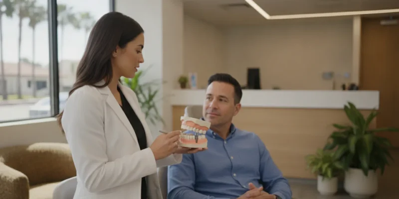 Dentist reviewing a dental implant treatment plan with a patient in a bright treatment room