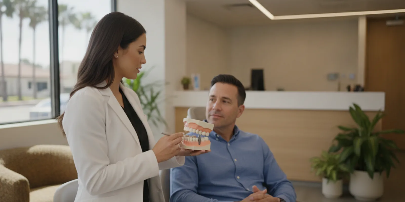 Dentist reviewing a dental implant treatment plan with a patient in a bright treatment room