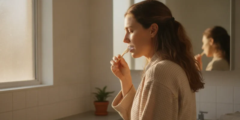 A person gently brushing around a dental implant at a bathroom sink