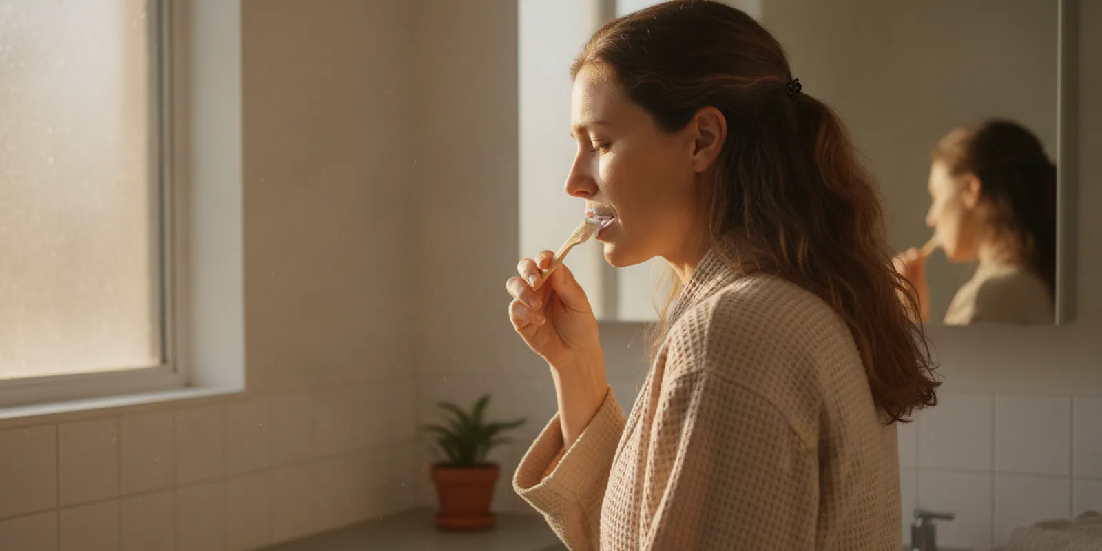 Person brushing around a dental implant at home
