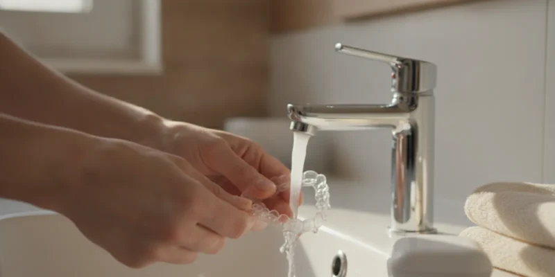 Clear dental aligners being rinsed carefully beside a clean toothbrush and case