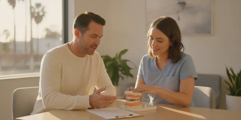 Patient discussing dental implant surgery preparation with a dentist in a bright consultation room