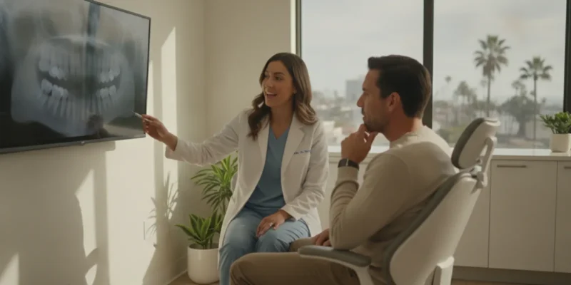 Dentist discussing a tooth treatment plan with a patient in a bright, modern dental office