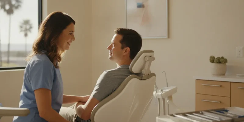 Dental hygienist explaining a routine cleaning to a patient in San Diego