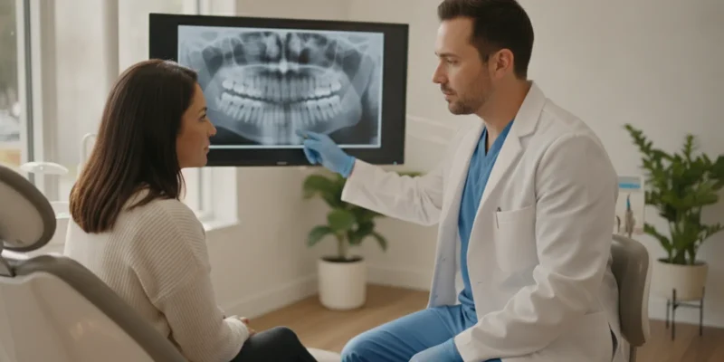 Dentist reviewing a tooth X-ray with a patient during an evaluation