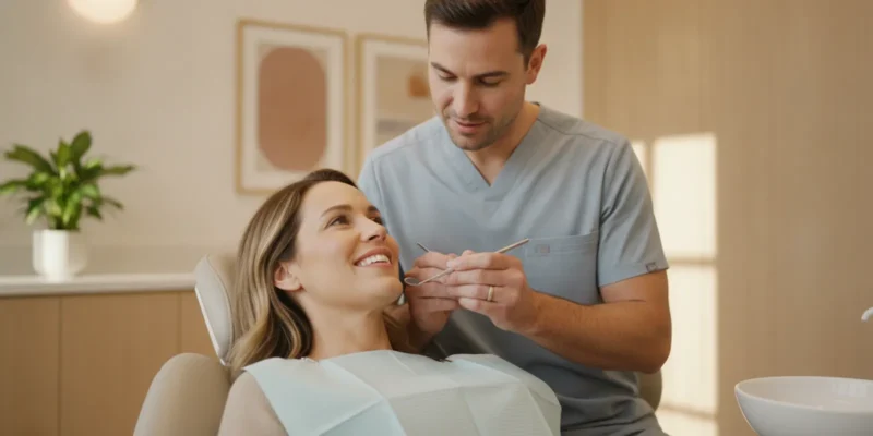 Close-up of healthy natural teeth as a dentist examines enamel in a bright treatment room